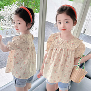 女童夏季短袖上衣服全棉衬衫，纯棉碎花甜美蕾丝，边韩版幼儿园娃娃衫