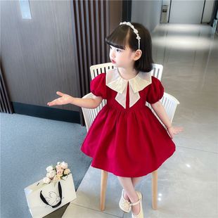 女童连衣裙夏装薄2024韩版儿童装洋气短袖红色，娃娃领公主裙