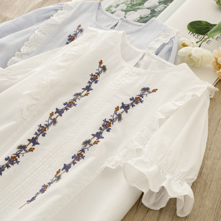 夏季圆领棉质白色衬衫刺绣，钩花花边文艺，清新短袖宽松套头上衣