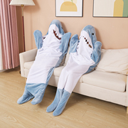 连帽法兰绒鲨鱼春秋季连体家居儿童成年男女可爱动物，睡衣袋