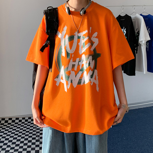 橘色短袖男夏季t恤纯棉，橙色宽松ins美式高街重磅，潮牌正肩原创国潮