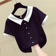 韩国雪纺衫女短袖2024年夏季显瘦气质衬衫黑色娃娃领拼色上衣
