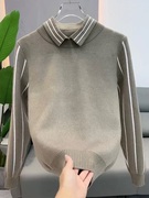 冬季假两件毛衣男士2023韩版潮流针织衫线衣衬衫领休闲打底衫