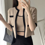 韩国chic夏季复古气质，圆领镶边撞色针织，开衫+修身内搭背心两件套