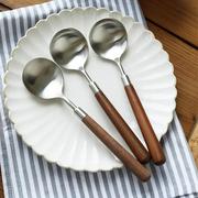 复古勺子胡桃木拉丝西餐具304不锈钢，汤勺圆头饭勺家用餐勺日式