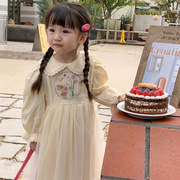 2023春装韩国女童娃娃领绣花纱裙可爱女宝宝甜美公主连衣裙