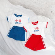 小童短袖套装男童夏装洋气中国T恤纯棉 女童宝宝短裤上衣潮两件套