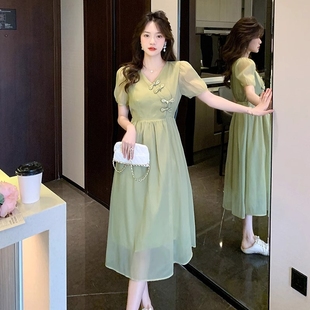 新中式绿色雪纺连衣，裙子夏季2024年中国风小个子显瘦女装长裙