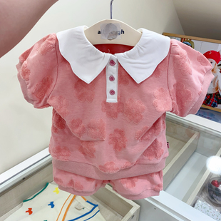 出口韩国童装女童粉色花卉套装，24夏短袖(夏短袖)娃娃，领花瓣t恤短裤套装