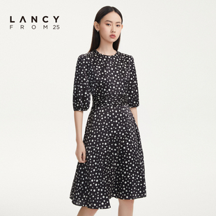 LANCY/悦朗姿2022秋季真丝波点连衣裙法式半袖圆领收腰裙子女