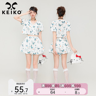 KEIKO 蝴蝶碎花穿搭套装夏季v领短款上衣+白色短裤两件套小个子