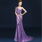 定亲礼服女紫色长款年宴会晚礼服性感单肩修身花朵亮片演出主持人