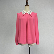 品牌折扣粉红色娃娃领长袖衬衫，女网纱刺绣，钉珠宽松百搭套头衬衣薄