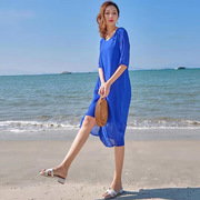 裙子女2023夏天蓝色雪纺连衣裙薄款高腰包臀气质沙滩长裙超仙