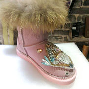 2022冬季狐狸毛民族(毛民族，)风水钻彩色真皮，时尚中筒潮牌雪地靴