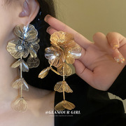 银针时尚镶钻花朵长款流苏耳环，欧美个性夸张设计耳坠重工气质耳饰