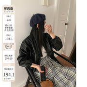 左佳琪  2024秋季美式复古高级感圆领抽绳黑色机车皮衣外套女