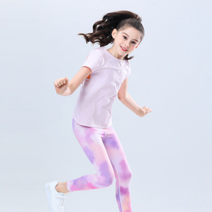 夏凉薄款大中小女孩儿童瑜伽服套装速干拼接印花短袖运动衣健身裤