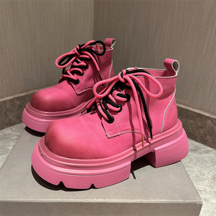 马丁靴女2024年粉色真皮系带，大头机车靴，大黄靴工装靴小众设计短靴