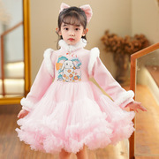 女童拜年服短款蓬蓬喜庆毛绒，公主裙小兔子长袖，秋冬粉红色连衣裙