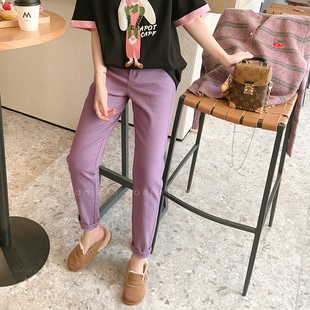 兔美善韩国女装24春新 春季紫色高腰净版小脚裤哈伦牛仔裤