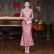 蕾丝鱼尾中长款旗袍新中式，显瘦年轻喜妈妈婚宴平时可穿走秀礼服