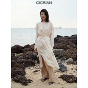 cicrian新中式天丝棉连衣裙，垂坠柔软飘逸后系扣开叉腰带长裙