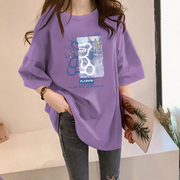 紫色宽松t恤女中长款短袖纯棉卡通印花洋气半袖上衣2024夏季韩版