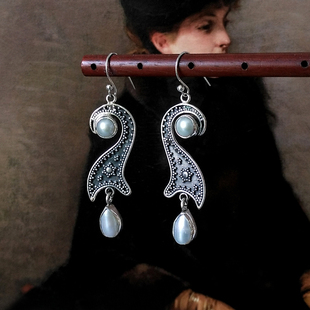 古典气质925纯银，耳坠精致复古水滴型天然珍珠，长款耳环女