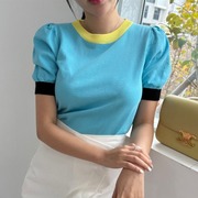 韩国chic夏季减龄复古气质甜美糖果色钩边圆领短袖薄款冰丝针织衫