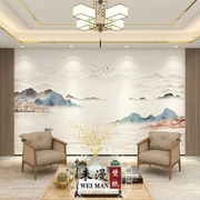 新中式黑白山水电视背景墙壁纸意境，水墨客厅沙发，影视墙布定制壁画