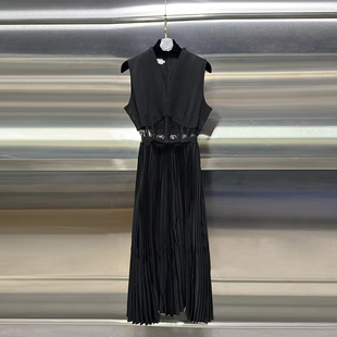 越南设计师款腰部黑色蕾丝，拼接v领连衣裙潮收腰显瘦无袖长裙礼服