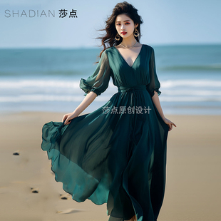海边度假绿色长裙高端精致雪纺连衣裙收腰显瘦气质裙子飘逸沙滩裙