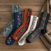 4双复古袜子女中筒袜，ins潮春秋民族风，秋冬个性碎花日系堆堆袜长袜