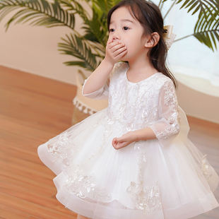 花童婚礼小女孩礼服，夏季生日儿童白色婚纱连衣裙，春秋款女童公主裙