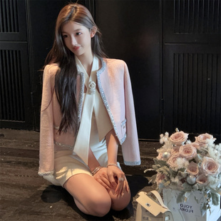 FairyJiang春季气质重工粉色小香毛呢外套女短款显瘦法式上衣