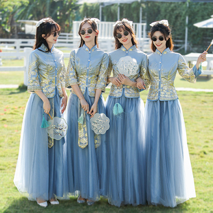 中式伴娘服女2024冬季姐妹团装礼服，小众高级感国风蓝色伴娘裙