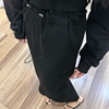 韩国东大门黑色腰绳双兜直筒H型后开叉长款半身裙