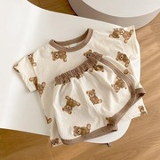 ins23夏款韩国婴儿可爱卡通熊短袖(熊短袖)t恤上衣+短裤男女宝宝2件套装
