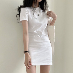 韩国chic极简主义春夏气质圆领纯色，修身包臀短袖t恤连衣裙短裙女