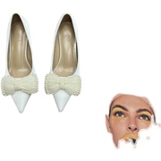婚鞋女2023白色高跟单鞋珍珠蝴蝶结法式气质设计感小众伴娘鞋