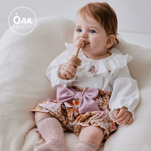 Oak Family儿童套装女洋气纯棉荷叶领上衣婴幼儿花苞短裤宝宝套装