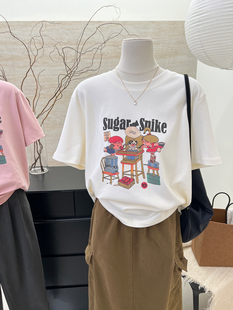 小哲2024年夏季韩国做旧卡通小狗印花设计感短袖t恤女上衣