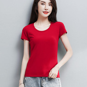 红色纯棉圆领短袖t恤女小个子，夏季纯色修身显瘦百搭打底体恤