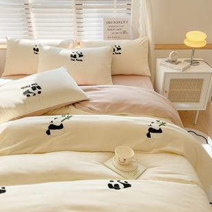 2024熊猫成人学生毛巾，绣磨毛四件套床上三件套枕套被罩宿舍女