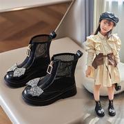 女童网靴2024年夏款超薄款网面镂空小高跟，柳丁中大童公主凉靴儿童