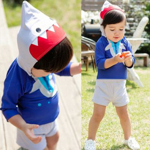 2-10岁韩版儿童泳衣，短袖防晒男童，泡温泉有连体泳帽
