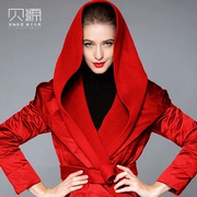 贝源欧美品牌红色羽绒服女2023冬中长款连帽本命年白鸭绒外套