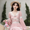 茶歇法式雪纺蕾丝拼接花朵粉色长袖连衣裙2024夏季气质甜美公主裙