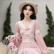 茶歇法式雪纺蕾丝拼接花朵，粉色长袖连衣裙2024夏季气质甜美公主裙